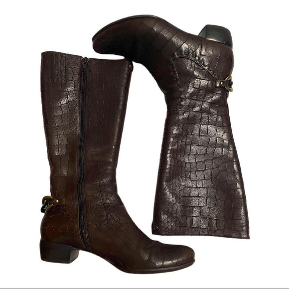 Biviel Chocolate Brown Croc Embossed Leather Mid Calf Riding Boots Size 7 - Picture 1 of 12